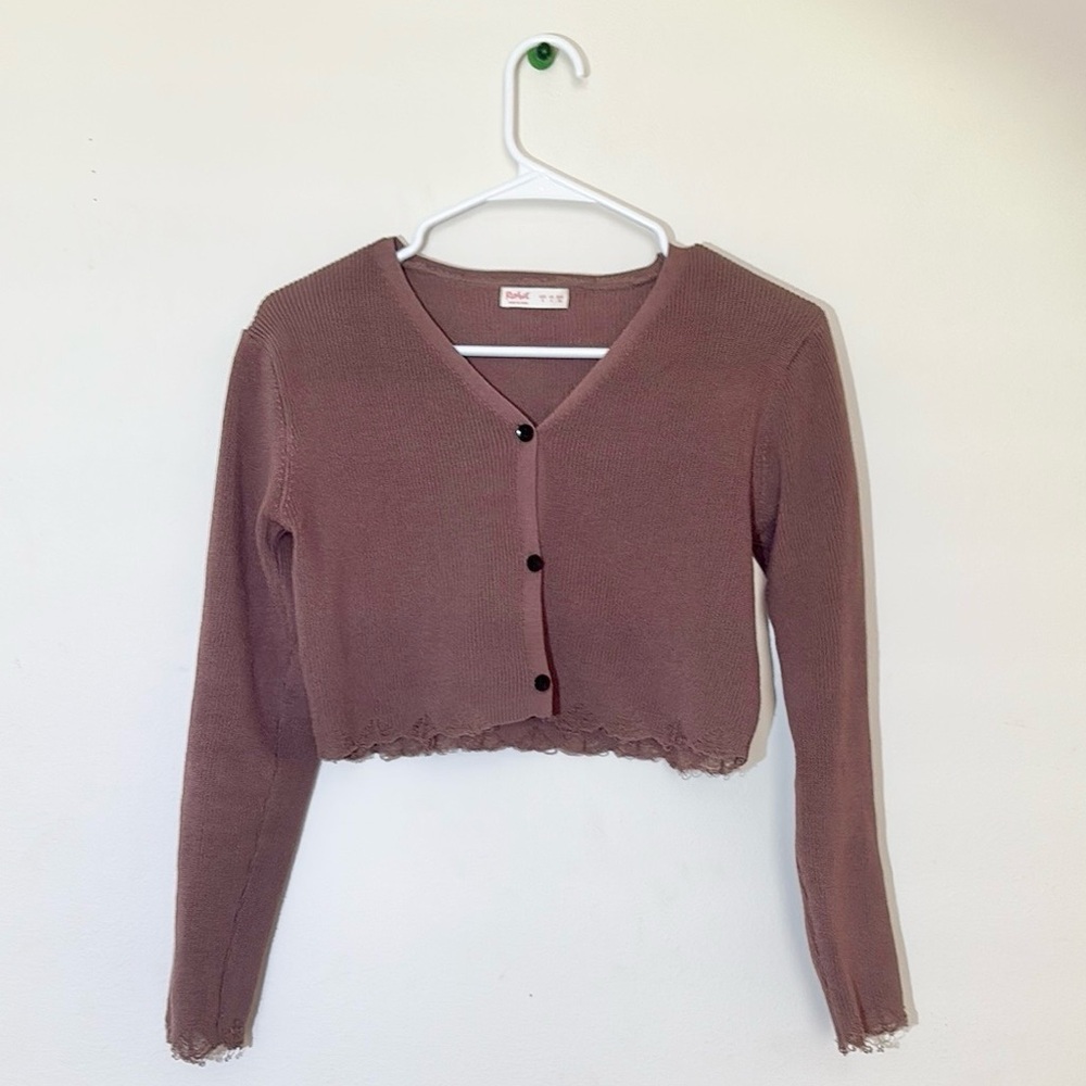 ROMWE Warm-Brown Button-Up Cropped Distressed Sweater